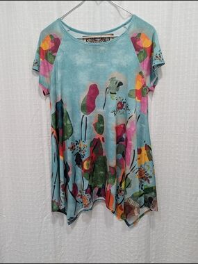 Amma Design Tunic Womens Floral Abstract Print Sharkbite Hem Top Blue USA Made M